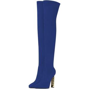 imageFSJ Women Fashion Over The Knee Long Boots Comfortable Flower Gold Metal Chain Chunky High Heels Sexy Pointed Toe Platform Stretch Thigh High Pull On Warm Shoes Size 415 USBlue