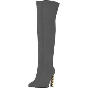 imageFSJ Women Fashion Over The Knee Long Boots Comfortable Flower Gold Metal Chain Chunky High Heels Sexy Pointed Toe Platform Stretch Thigh High Pull On Warm Shoes Size 415 USGrey