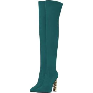 imageFSJ Women Fashion Over The Knee Long Boots Comfortable Flower Gold Metal Chain Chunky High Heels Sexy Pointed Toe Platform Stretch Thigh High Pull On Warm Shoes Size 415 USTeal