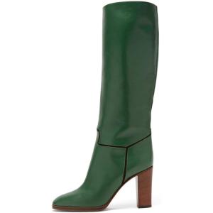 imageFSJ Women Round Toe Wide Calf Knee High Boots High Stacked Chunky Heel Long Boots Pull On Western Dress Shoes Size 415 USGreen