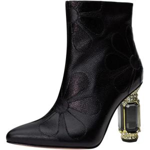 imageFSJ Women Cute Ankle Boots Pointed Toe Crystal High Heel Side Zipper Chunky Block Booties with Daisy Flower Wedding Ballroom Dress Shoes Size 416 USBlack