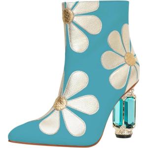 imageFSJ Women Cute Ankle Boots Pointed Toe Crystal High Heel Side Zipper Chunky Block Booties with Daisy Flower Wedding Ballroom Dress Shoes Size 416 USBlue