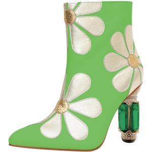imageFSJ Women Cute Ankle Boots Pointed Toe Crystal High Heel Side Zipper Chunky Block Booties with Daisy Flower Wedding Ballroom Dress Shoes Size 416 USGreen