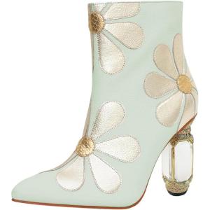 imageFSJ Women Cute Ankle Boots Pointed Toe Crystal High Heel Side Zipper Chunky Block Booties with Daisy Flower Wedding Ballroom Dress Shoes Size 416 USLight Mint Green