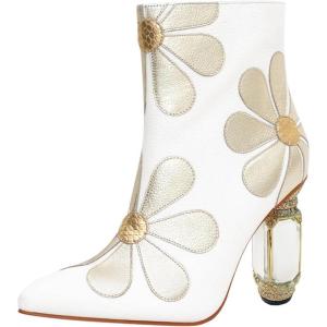 imageFSJ Women Cute Ankle Boots Pointed Toe Crystal High Heel Side Zipper Chunky Block Booties with Daisy Flower Wedding Ballroom Dress Shoes Size 416 USWhite