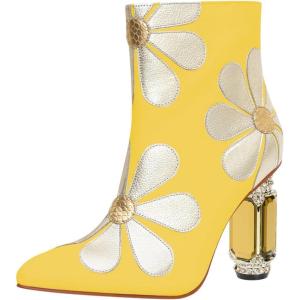 imageFSJ Women Cute Ankle Boots Pointed Toe Crystal High Heel Side Zipper Chunky Block Booties with Daisy Flower Wedding Ballroom Dress Shoes Size 416 USYellow