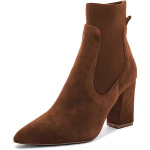 imageFSJ Women Pointed Toe Chunky High Heel Stretch Pull On Ankle Boot Comfy Winter Bootie Size 415 USBrown