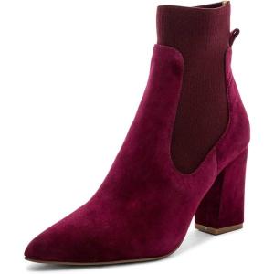 imageFSJ Women Pointed Toe Chunky High Heel Stretch Pull On Ankle Boot Comfy Winter Bootie Size 415 USBurgundy