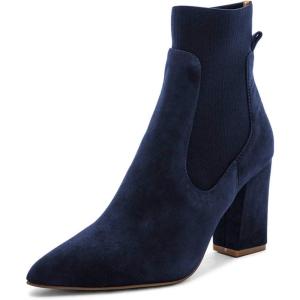 imageFSJ Women Pointed Toe Chunky High Heel Stretch Pull On Ankle Boot Comfy Winter Bootie Size 415 USNavy Blue