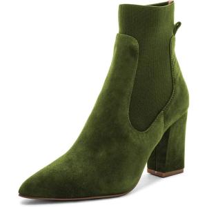 imageFSJ Women Pointed Toe Chunky High Heel Stretch Pull On Ankle Boot Comfy Winter Bootie Size 415 USOlive Green