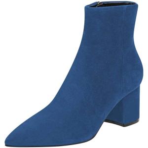 imageFSJ Women Dressy Pointed Toe Ankle Boots Chunky Block Heels Side Zipper Booties Formal Weddng Shoe Size US 415Blue Suede