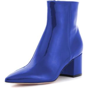 imageFSJ Women Dressy Pointed Toe Ankle Boots Chunky Block Heels Side Zipper Booties Formal Weddng Shoe Size US 415Bluepatent