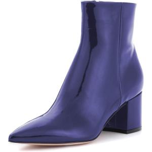 imageFSJ Women Dressy Pointed Toe Ankle Boots Chunky Block Heels Side Zipper Booties Formal Weddng Shoe Size US 415Navypatent