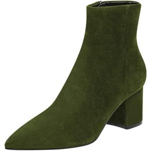 imageFSJ Women Dressy Pointed Toe Ankle Boots Chunky Block Heels Side Zipper Booties Formal Weddng Shoe Size US 415Olive