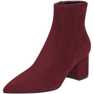 imageFSJ Women Dressy Pointed Toe Ankle Boots Chunky Block Heels Side Zipper Booties Formal Weddng Shoe Size US 415Wine Red