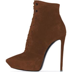imageFSJ Women Platform Thin Super High Heels Ankle Boots Lace UP Booties Closed Pointed Toe Stiletto Shoes Size 415 USBrown