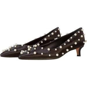 imageFSJ Women Classic Stiletto Kitten Heels Pointed Toe Handmade Pearls Slip On Pumps Clear PVC Office Party Date Bridal Dress Shoes Size 415 USBlack