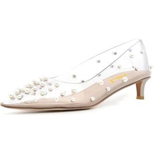 imageFSJ Women Classic Stiletto Kitten Heels Pointed Toe Handmade Pearls Slip On Pumps Clear PVC Office Party Date Bridal Dress Shoes Size 415 USTransparent