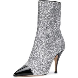 imageWomen Glitter High Heels Mid Calf Boots Pointed Toe Fashion Shoes with Side Zipper Size 415 USBlack