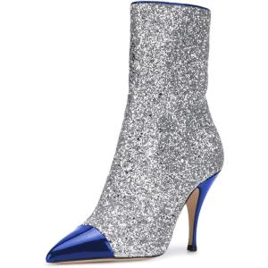 imageWomen Glitter High Heels Mid Calf Boots Pointed Toe Fashion Shoes with Side Zipper Size 415 USBlue