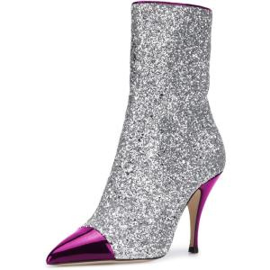 imageWomen Glitter High Heels Mid Calf Boots Pointed Toe Fashion Shoes with Side Zipper Size 415 USPurple