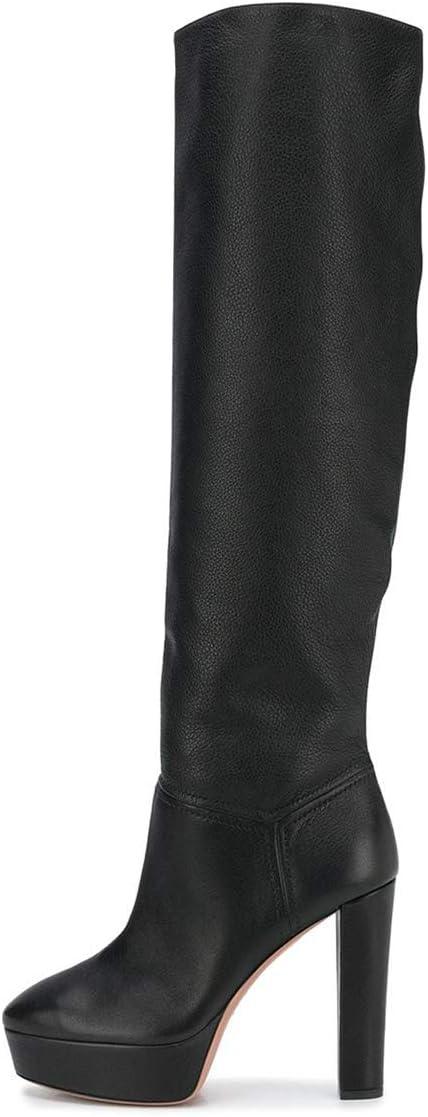 imageFSJ Women Comfort Platform Knee Boots Chunky High Heels Solid Color Classic Pull On Formal Casual Dress Winter Shoes Size 415 USBlack