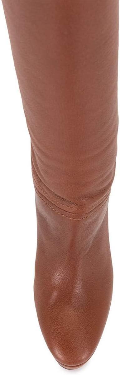 imageFSJ Women Comfort Platform Knee Boots Chunky High Heels Solid Color Classic Pull On Formal Casual Dress Winter Shoes Size 415 USCoffee Brown