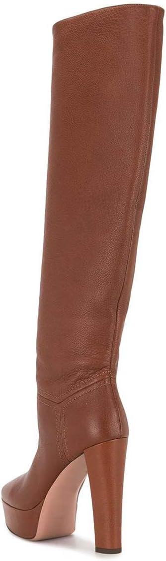 imageFSJ Women Comfort Platform Knee Boots Chunky High Heels Solid Color Classic Pull On Formal Casual Dress Winter Shoes Size 415 USCoffee Brown