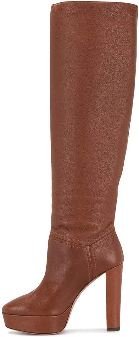 imageFSJ Women Comfort Platform Knee Boots Chunky High Heels Solid Color Classic Pull On Formal Casual Dress Winter Shoes Size 415 USCoffee Brown