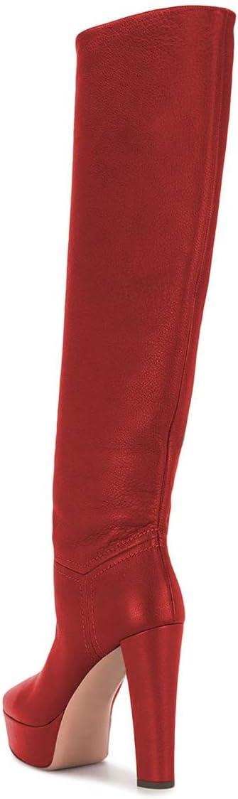 imageFSJ Women Comfort Platform Knee Boots Chunky High Heels Solid Color Classic Pull On Formal Casual Dress Winter Shoes Size 415 USRed