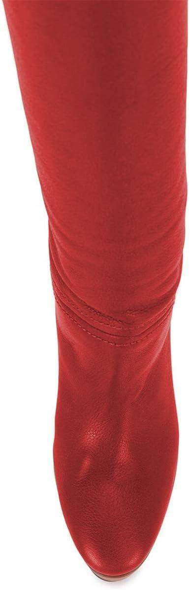 imageFSJ Women Comfort Platform Knee Boots Chunky High Heels Solid Color Classic Pull On Formal Casual Dress Winter Shoes Size 415 USRed