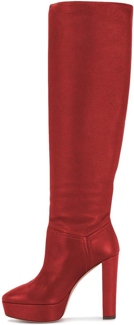 imageFSJ Women Comfort Platform Knee Boots Chunky High Heels Solid Color Classic Pull On Formal Casual Dress Winter Shoes Size 415 USRed