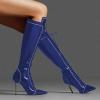 imageFSJ Women Fashion Lace up Stiletto High Heels Under the Knee Boots Pointed Toe Rhinestone Strappy Heeled Booties with Zipper Size 415 USBlue
