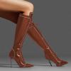 imageFSJ Women Fashion Lace up Stiletto High Heels Under the Knee Boots Pointed Toe Rhinestone Strappy Heeled Booties with Zipper Size 415 USBrown