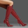 imageFSJ Women Fashion Lace up Stiletto High Heels Under the Knee Boots Pointed Toe Rhinestone Strappy Heeled Booties with Zipper Size 415 USRed