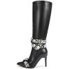 imageFSJ Women Rhinestone Crystal Knee High Boots Pointed Toe Stiletto Heel Boots Side Zipper Gemstone Strap Fashion Party Dress Shoes Size 416 USBlack