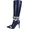 imageFSJ Women Rhinestone Crystal Knee High Boots Pointed Toe Stiletto Heel Boots Side Zipper Gemstone Strap Fashion Party Dress Shoes Size 416 USBlue