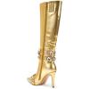 imageFSJ Women Rhinestone Crystal Knee High Boots Pointed Toe Stiletto Heel Boots Side Zipper Gemstone Strap Fashion Party Dress Shoes Size 416 USGold