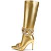 imageFSJ Women Rhinestone Crystal Knee High Boots Pointed Toe Stiletto Heel Boots Side Zipper Gemstone Strap Fashion Party Dress Shoes Size 416 USGold