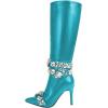 imageFSJ Women Rhinestone Crystal Knee High Boots Pointed Toe Stiletto Heel Boots Side Zipper Gemstone Strap Fashion Party Dress Shoes Size 416 USLake Blue