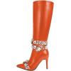 imageFSJ Women Rhinestone Crystal Knee High Boots Pointed Toe Stiletto Heel Boots Side Zipper Gemstone Strap Fashion Party Dress Shoes Size 416 USOrange