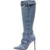 imageFSJ Women Sexy Knee High Boots Pointed Toe Rivets Strappy Tassels Stiletto High Heel Side Zipper Fashion Stripper Party Dressy Shoes Size 416 USBlue Denim