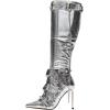 imageFSJ Women Sexy Knee High Boots Pointed Toe Rivets Strappy Tassels Stiletto High Heel Side Zipper Fashion Stripper Party Dressy Shoes Size 416 USSilver