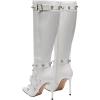 imageFSJ Women Sexy Knee High Boots Pointed Toe Rivets Strappy Tassels Stiletto High Heel Side Zipper Fashion Stripper Party Dressy Shoes Size 416 USWhite