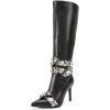 imageFSJ Women Rhinestone Crystal Knee High Boots Pointed Toe Stiletto Heel Boots Side Zipper Gemstone Strap Fashion Party Dress Shoes Size 416 USBlack