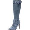 imageFSJ Women Sexy Knee High Boots Pointed Toe Rivets Strappy Tassels Stiletto High Heel Side Zipper Fashion Stripper Party Dressy Shoes Size 416 USBlue Denim