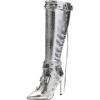 imageFSJ Women Sexy Knee High Boots Pointed Toe Rivets Strappy Tassels Stiletto High Heel Side Zipper Fashion Stripper Party Dressy Shoes Size 416 USSilver