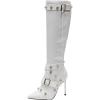 imageFSJ Women Sexy Knee High Boots Pointed Toe Rivets Strappy Tassels Stiletto High Heel Side Zipper Fashion Stripper Party Dressy Shoes Size 416 USWhite