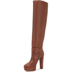 imageFSJ Women Comfort Platform Knee Boots Chunky High Heels Solid Color Classic Pull On Formal Casual Dress Winter Shoes Size 415 USCoffee Brown