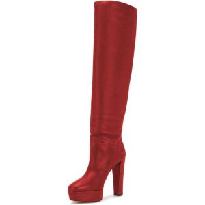 imageFSJ Women Comfort Platform Knee Boots Chunky High Heels Solid Color Classic Pull On Formal Casual Dress Winter Shoes Size 415 USRed